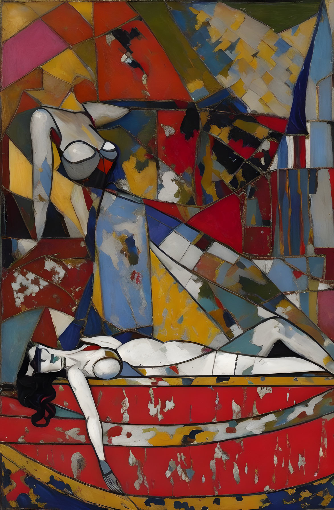 Colorful Cubist Painting of Reclining Figure in Geometric Setting