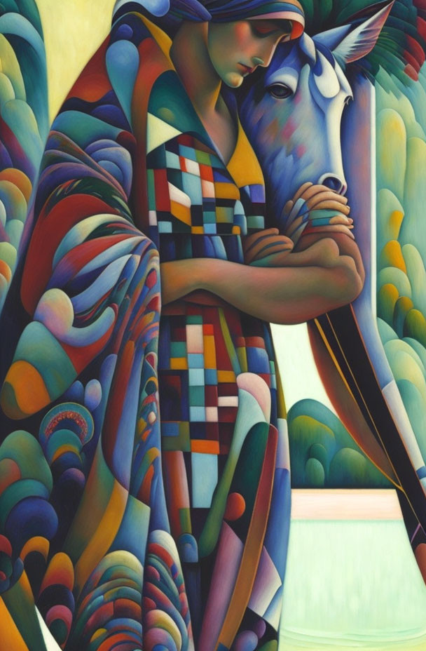 Vivid Cubist painting of person and horse in colorful geometric shapes