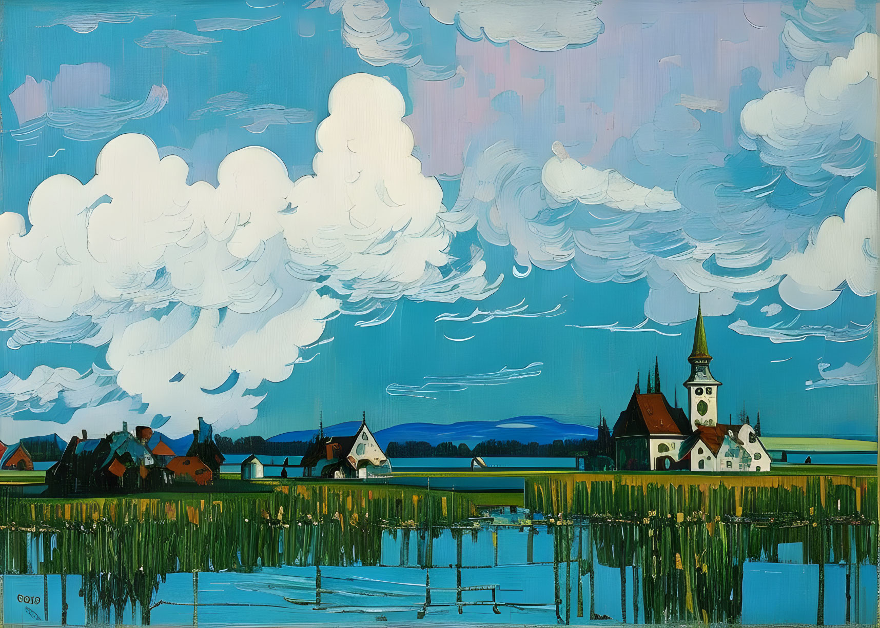 Colorful rural landscape painting with church, houses, and reflective water under blue sky and fluffy clouds.