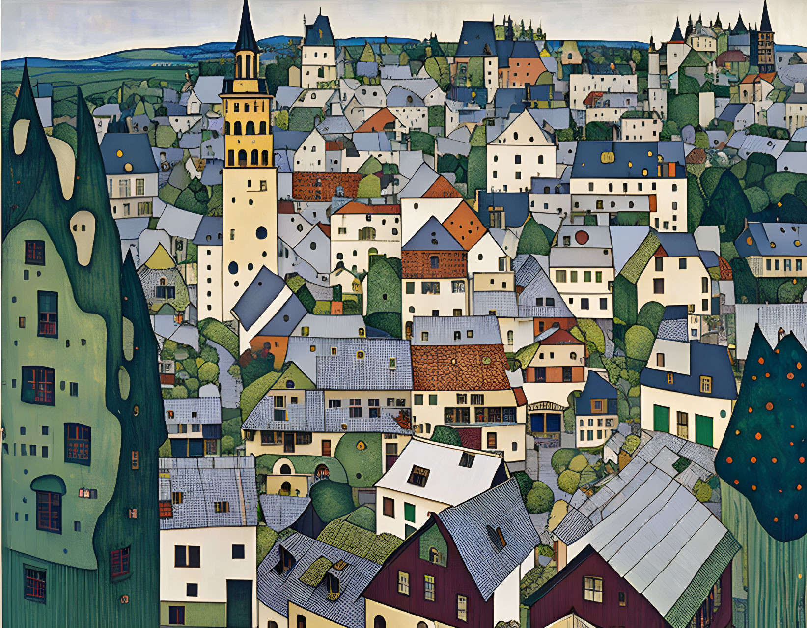 Vibrant town illustration with diverse buildings and green hills