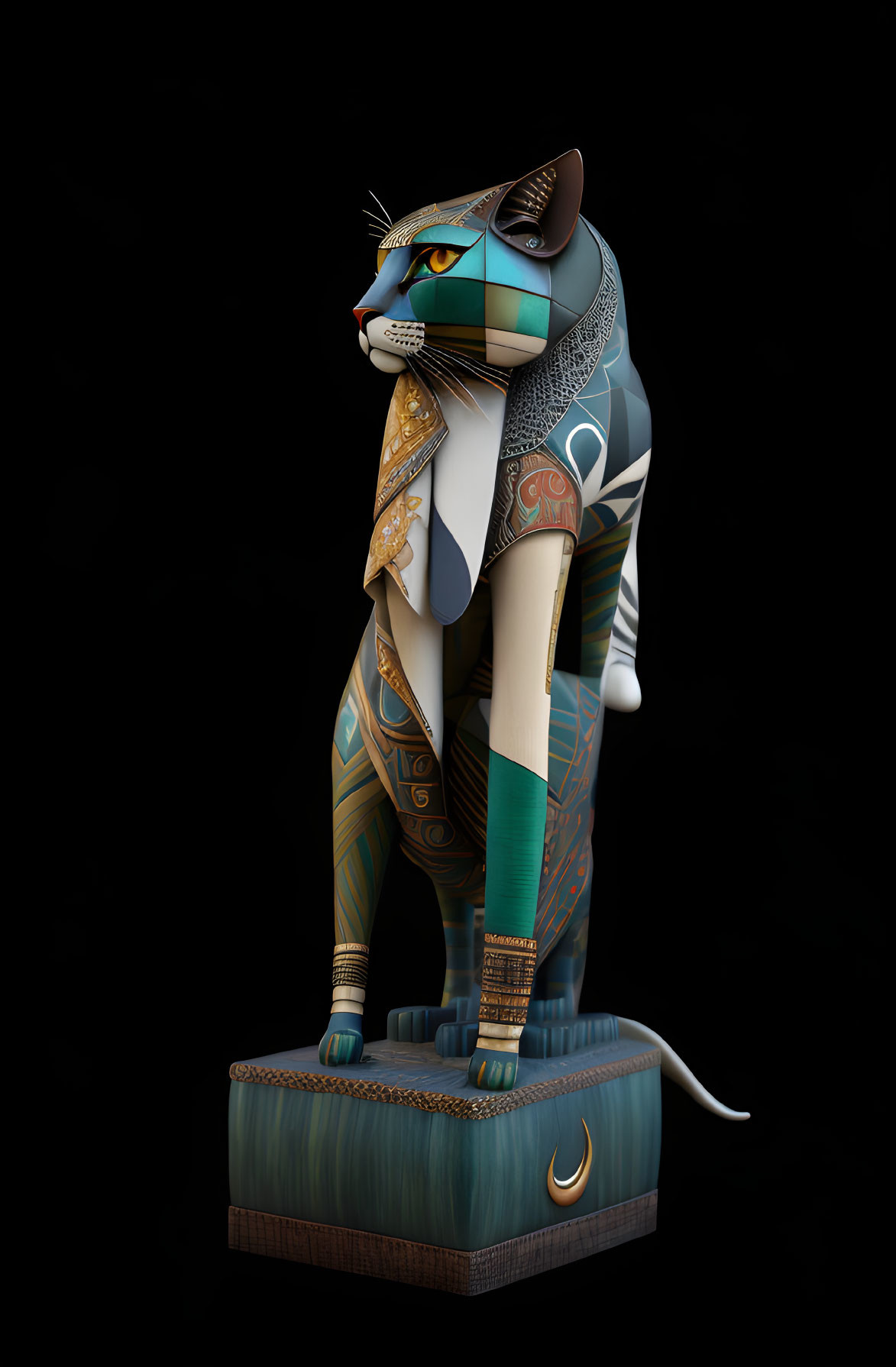 Intricate teal, gold, and cream cat statue on crescent moon pedestal