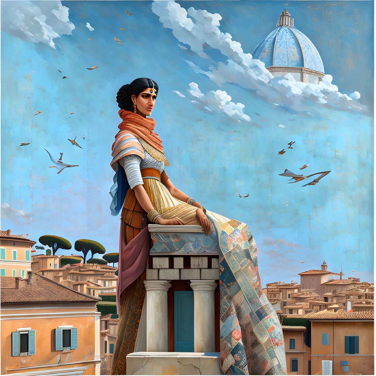 Regal woman on classical column with Italian cityscape backdrop