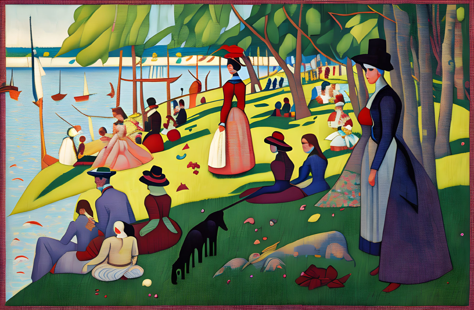 Vibrant 19th-Century Lakeside Park Scene with Figures and Boats