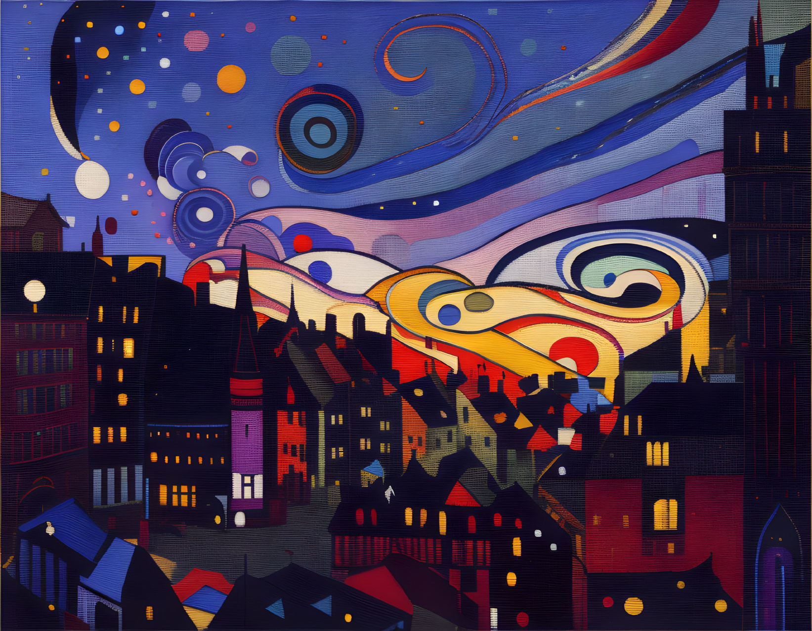 Vibrant cityscape at night with swirling, van Gogh-inspired skies