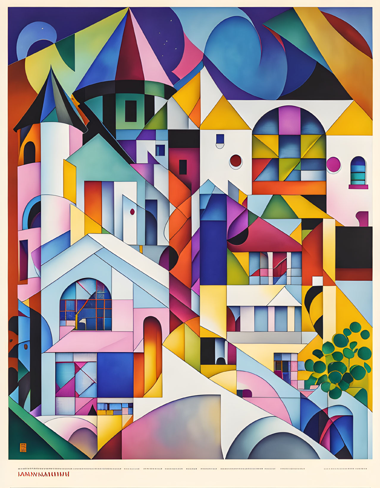 Vibrant geometric townscape with houses, windows, trees, and patchwork sky.