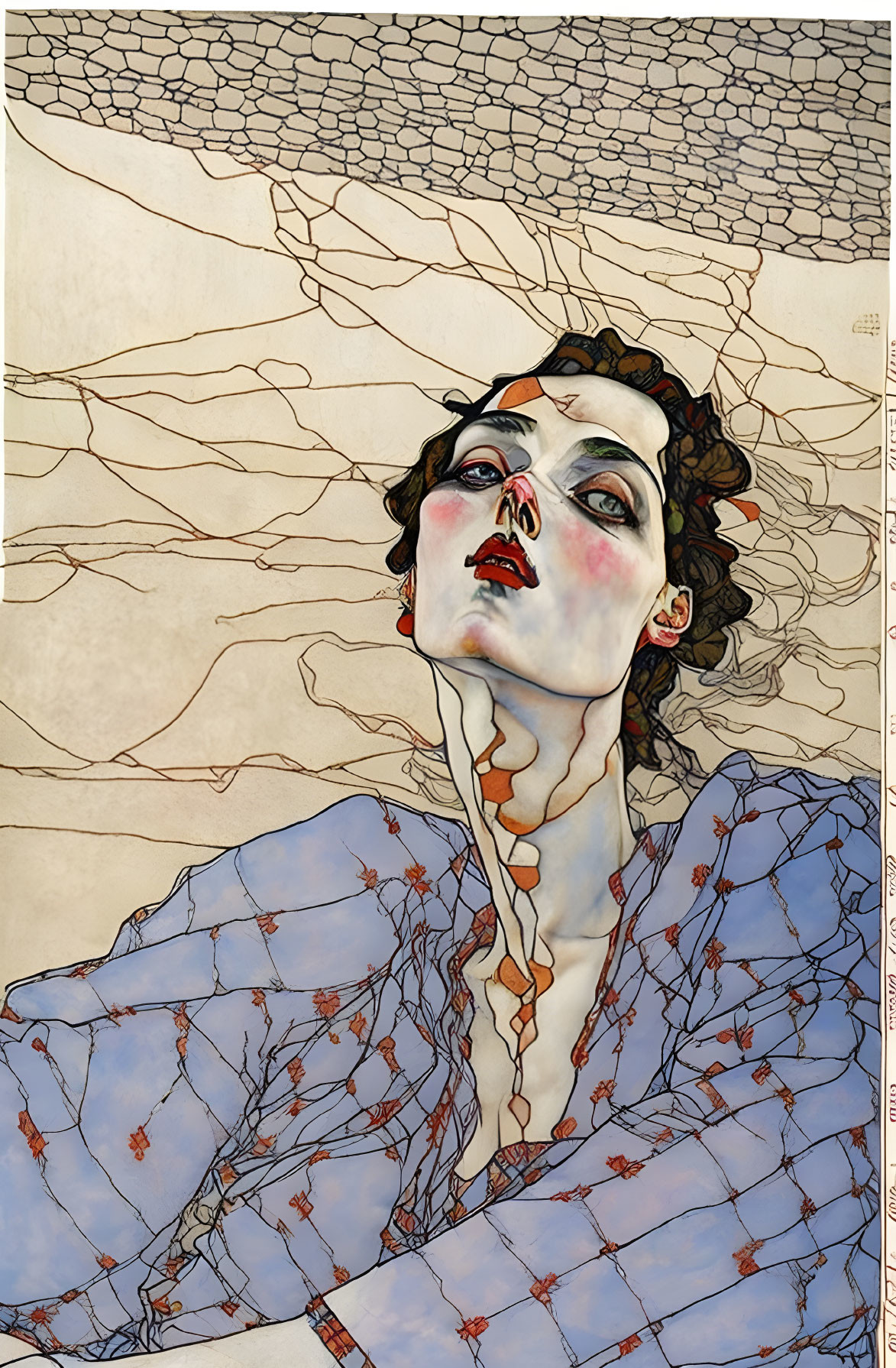 Stylized illustration of a woman with red lips and blue garment against cracked beige background