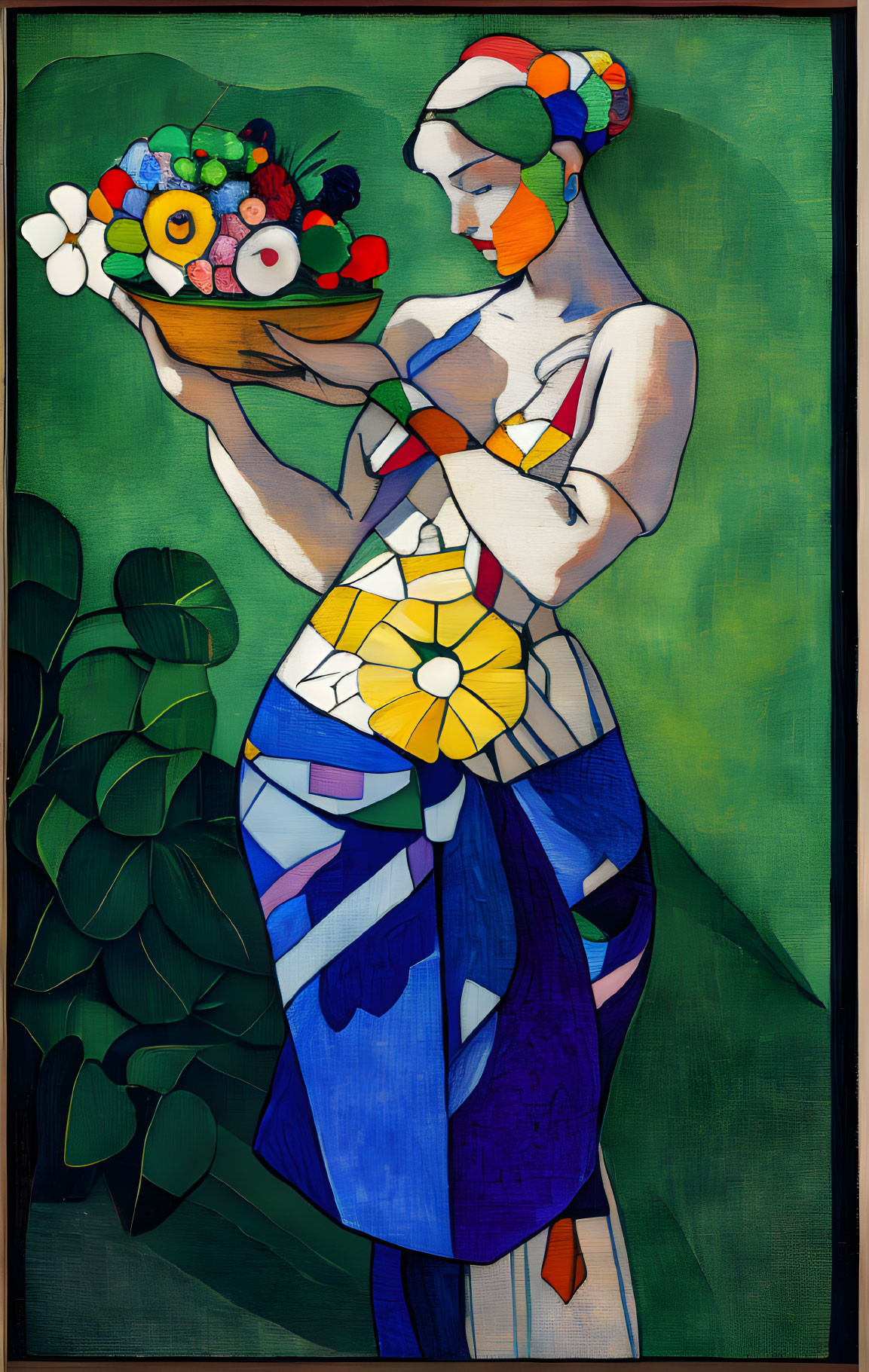 Colorful painting of woman with fruit bowl against green background