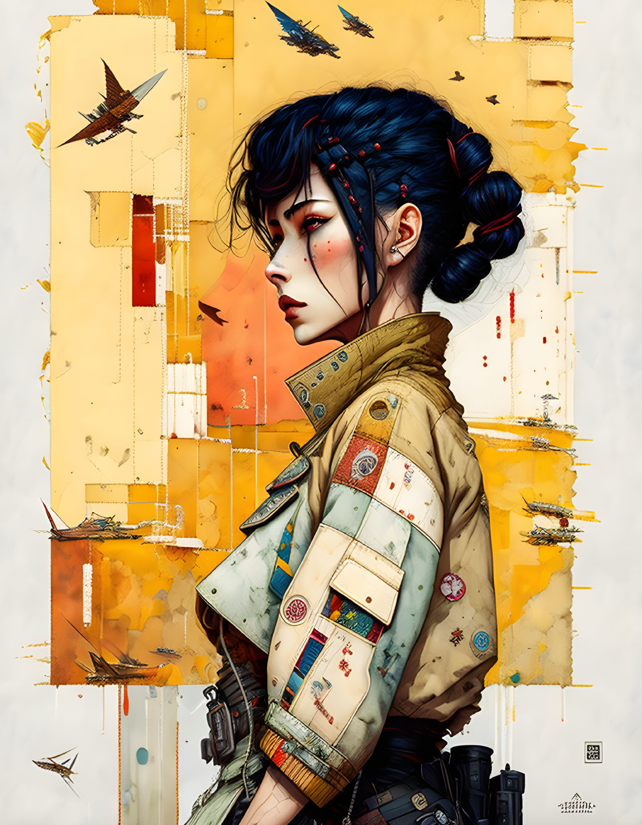 Illustration of woman with blue hair in buns in patch-adorned jacket on abstract yellow background