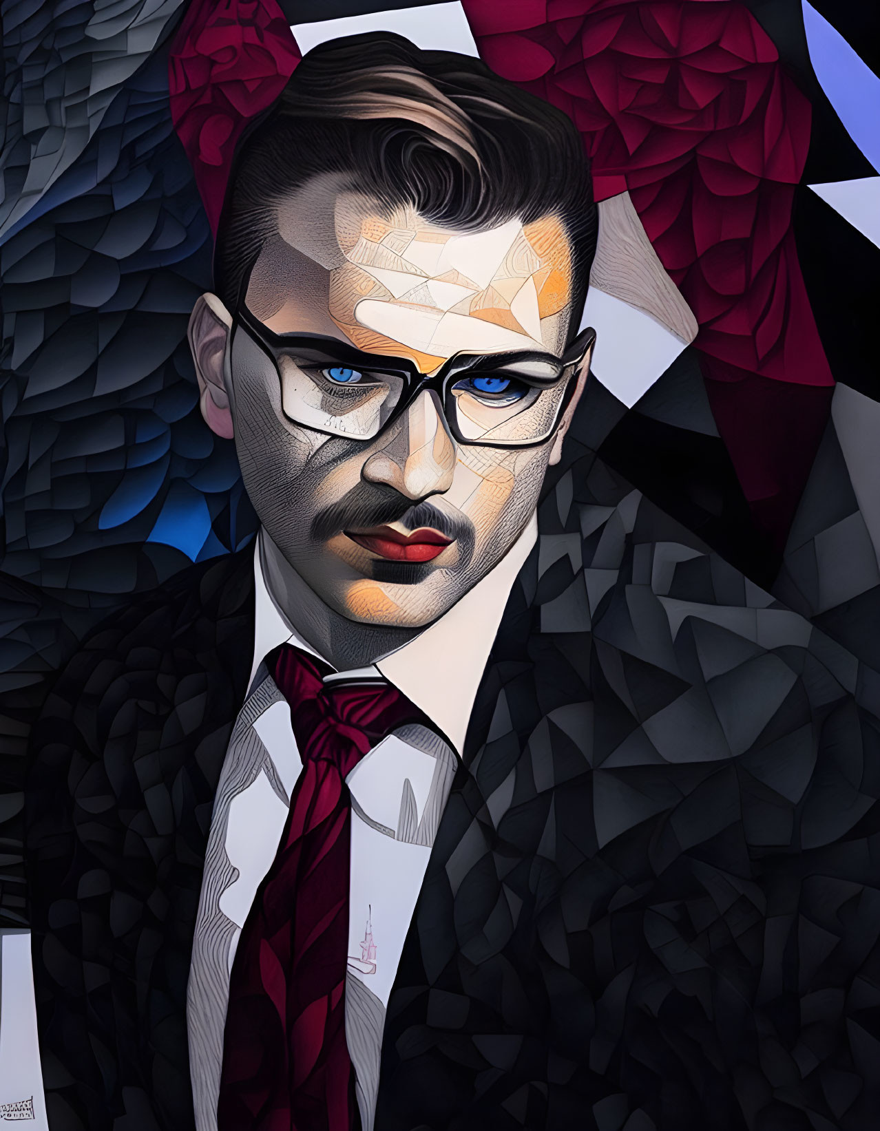 Geometric low poly art portrait of a man with slick hair, glasses, and a beard