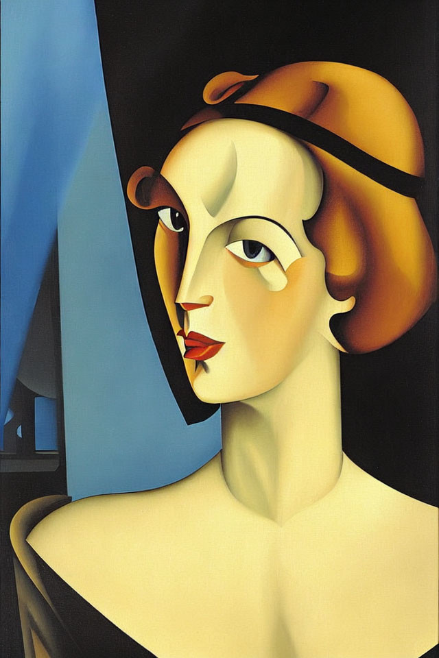 Stylized painting of woman in brown hat on blue and black background