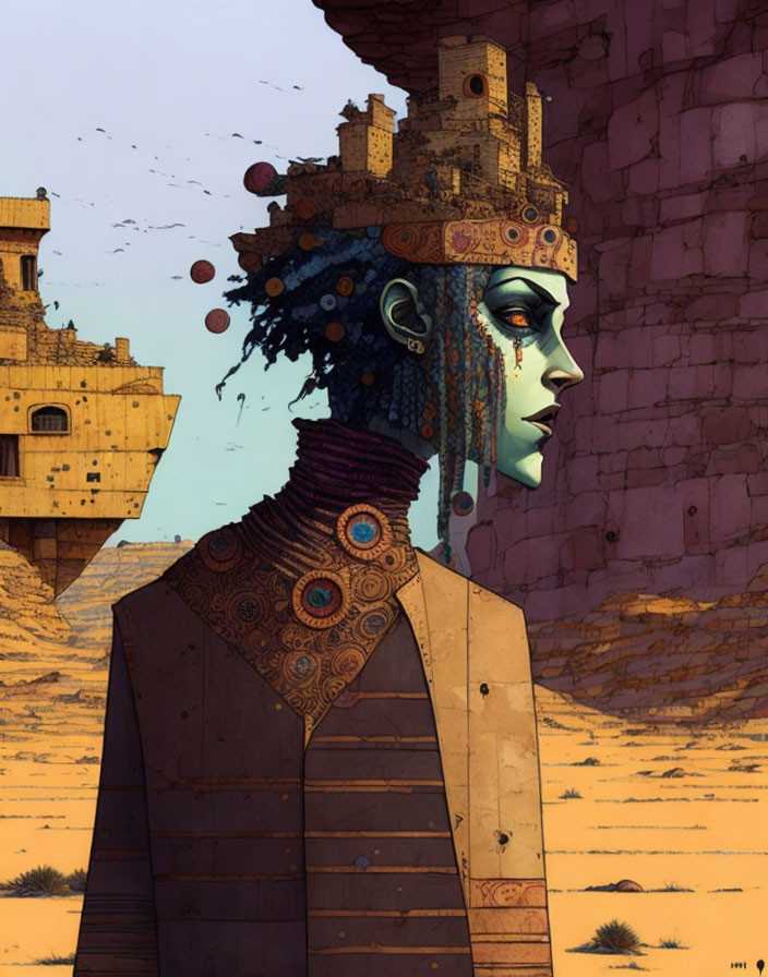Surreal illustration of person with fragmented castle head in desert