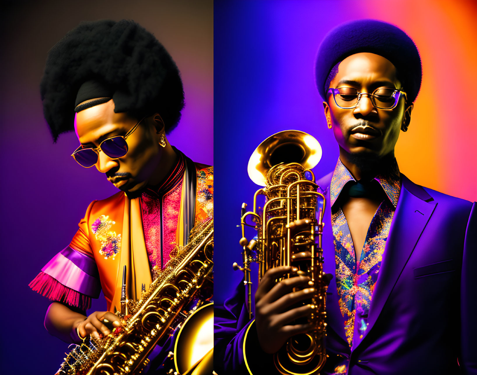 Colorful Portrait of Musician with Saxophone in Stylish Attire