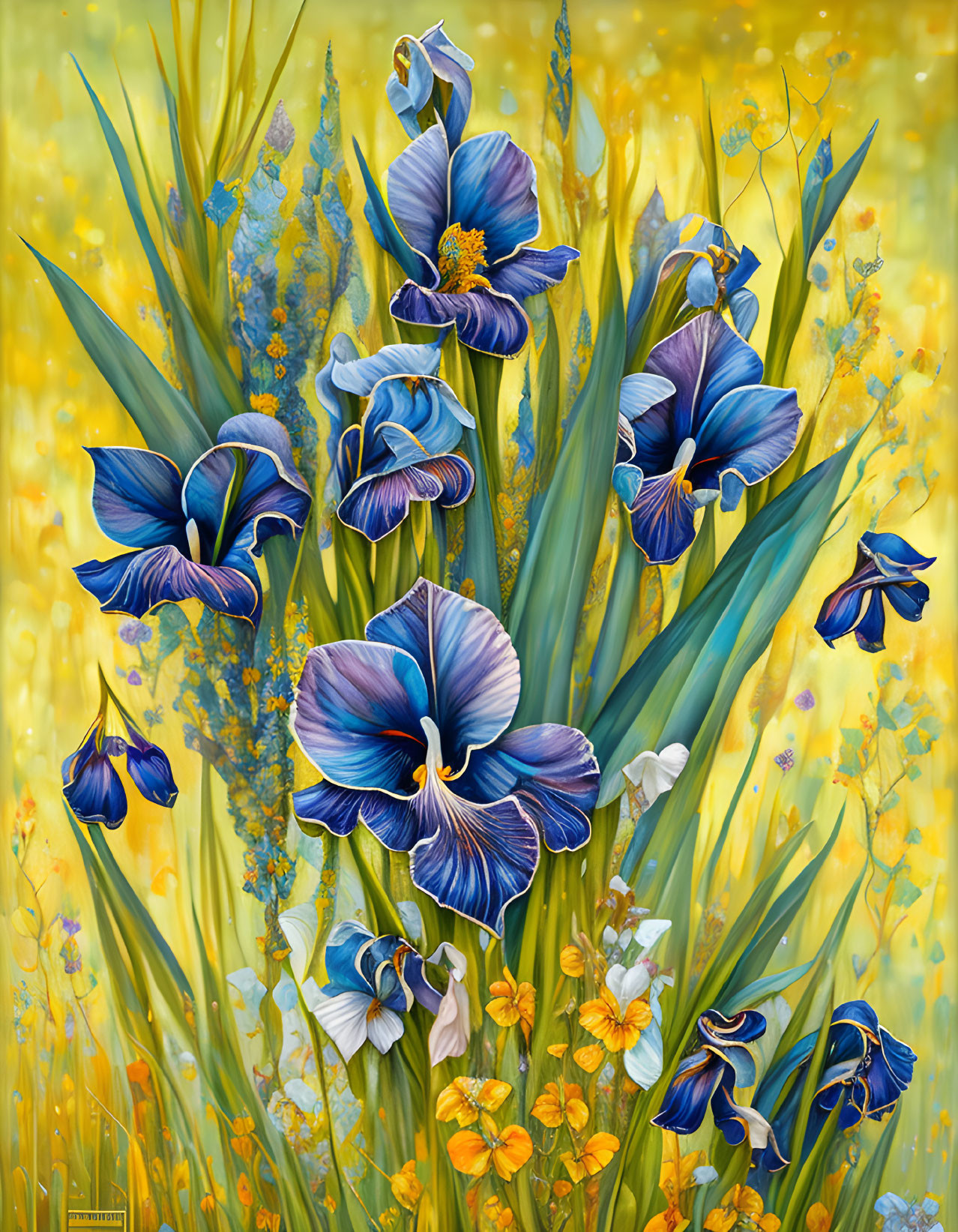 Colorful painting of blue and purple irises and wildflowers on luminous yellow backdrop