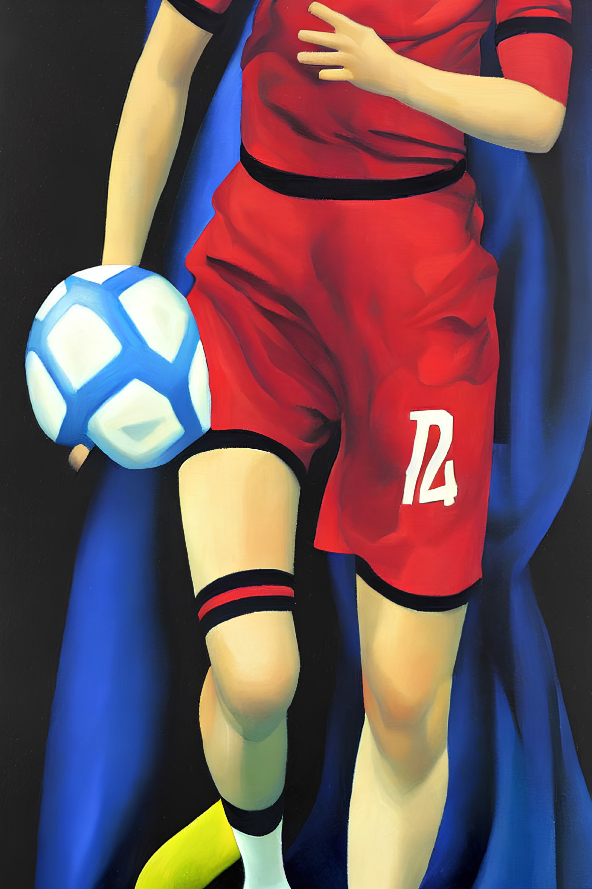 Close-up of person in red soccer kit with number 12 holding blue and white ball on dark background