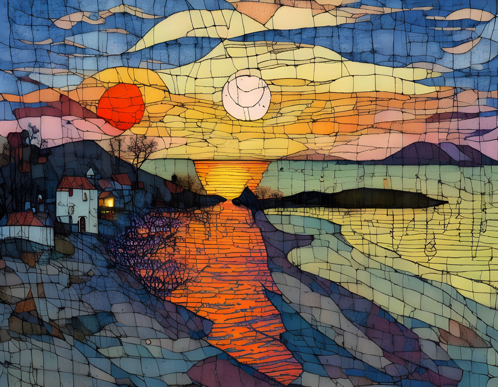 Colorful sunset art over river with houses and hills - stained glass style