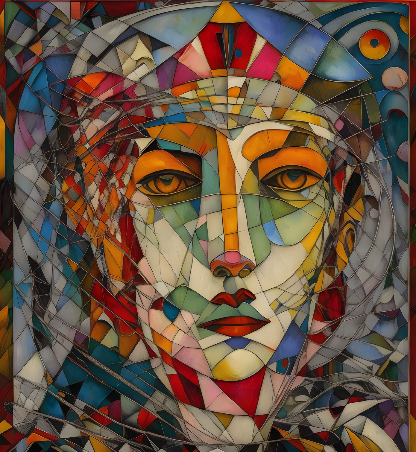 Colorful Geometric Mosaic Portrait of Contemplative Face