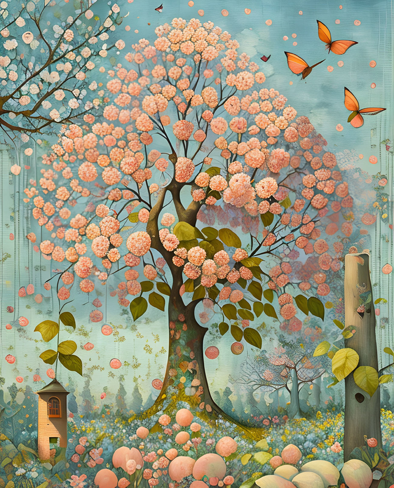 Illustration of lush tree with pink blossoms, butterflies, fruit, and small house.