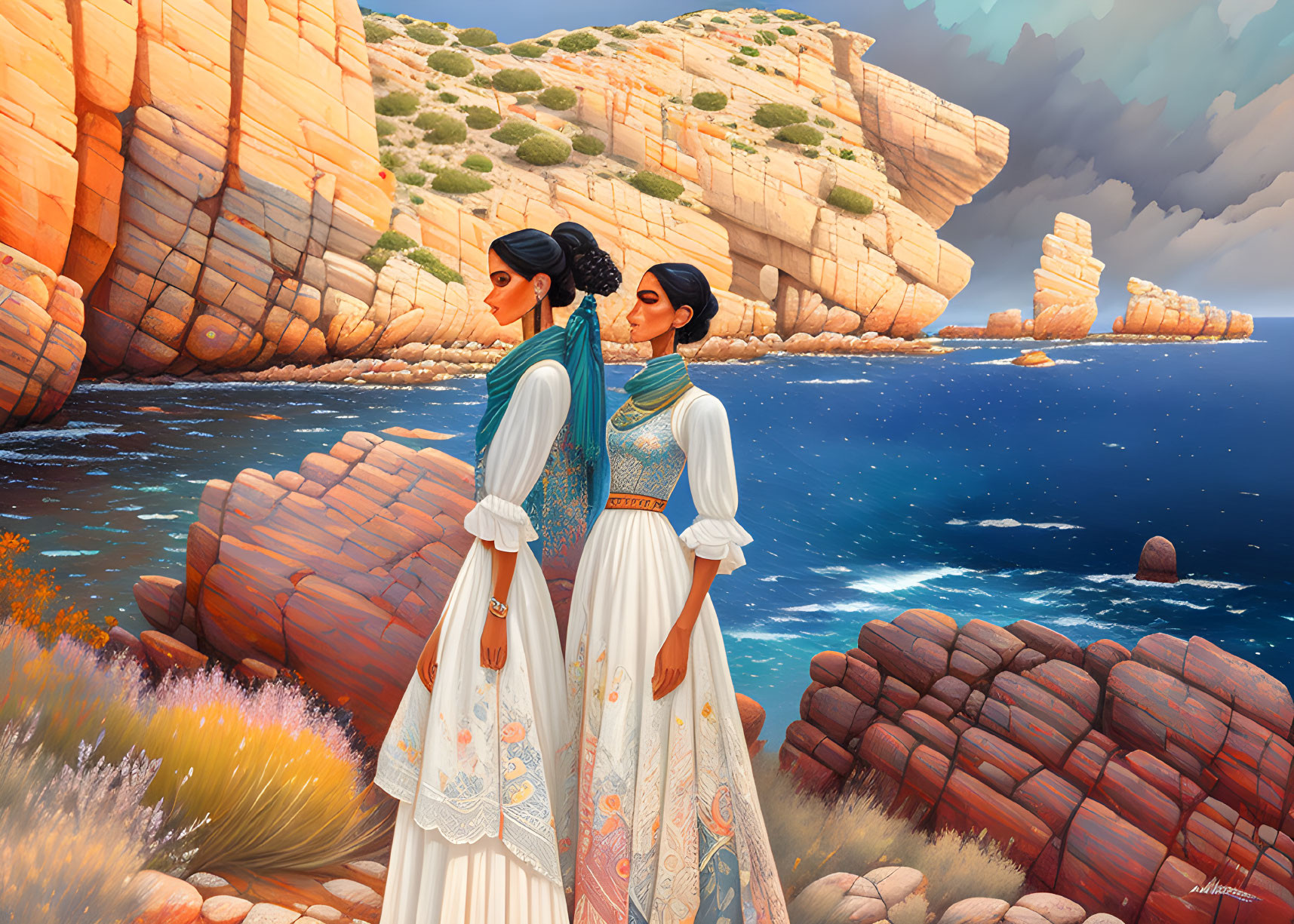 Traditional Clothing Women by Sea with Cliffs and Flora