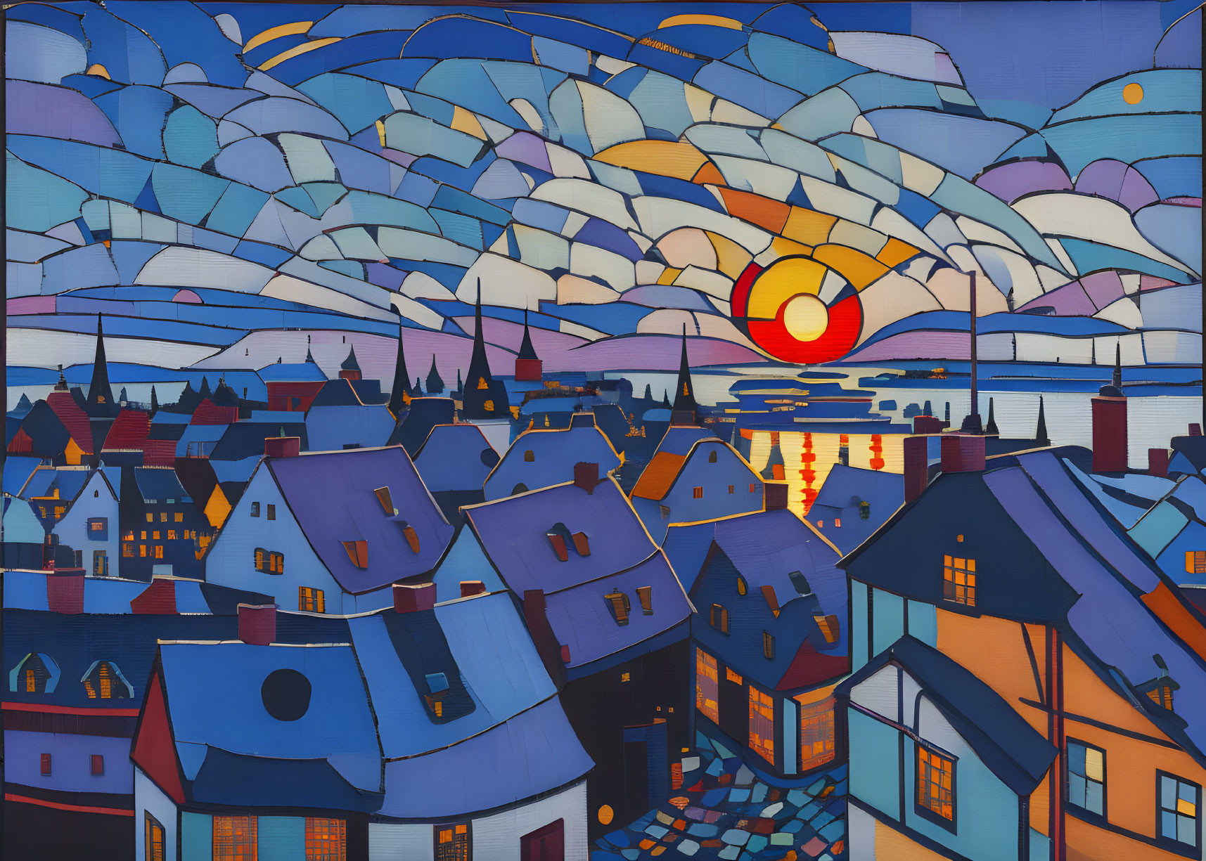 Colorful Coastal Village Sunset Painting with Geometric Shapes