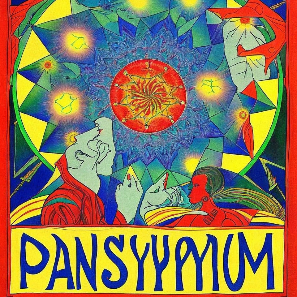 Colorful psychedelic poster with figures, faces, and mandala on vibrant background