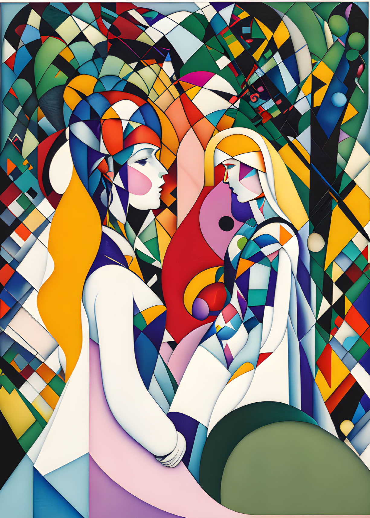 Vibrant abstract art: Two stylized female figures with geometric patterns.