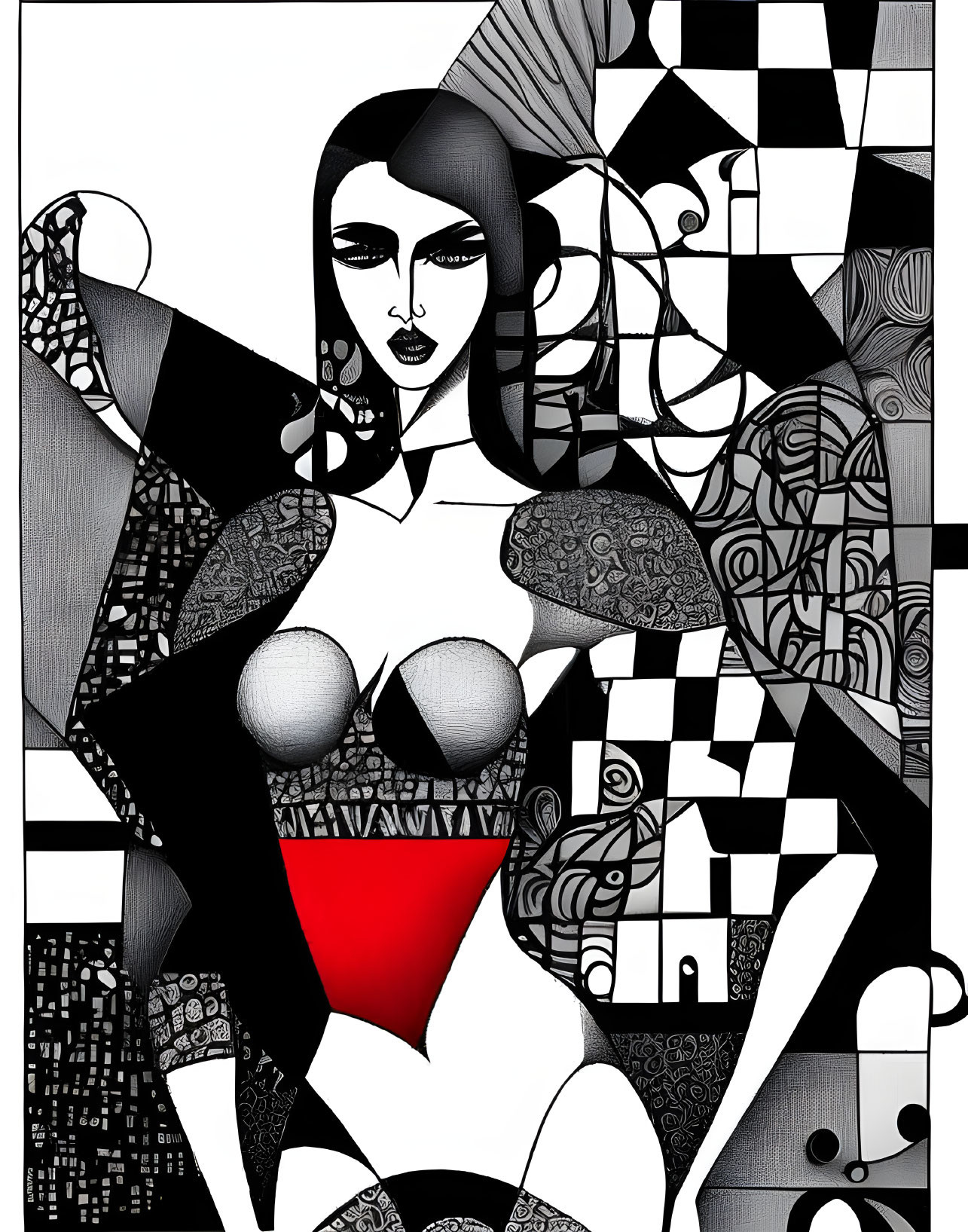 Monochromatic abstract woman with geometric patterns and red accent