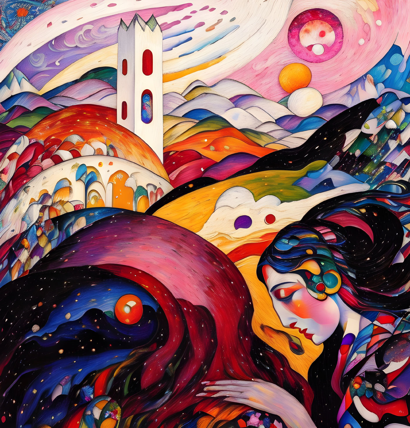 Colorful Artwork: Woman's Face with Cosmic and Landscape Elements, Stylized Church under Cele