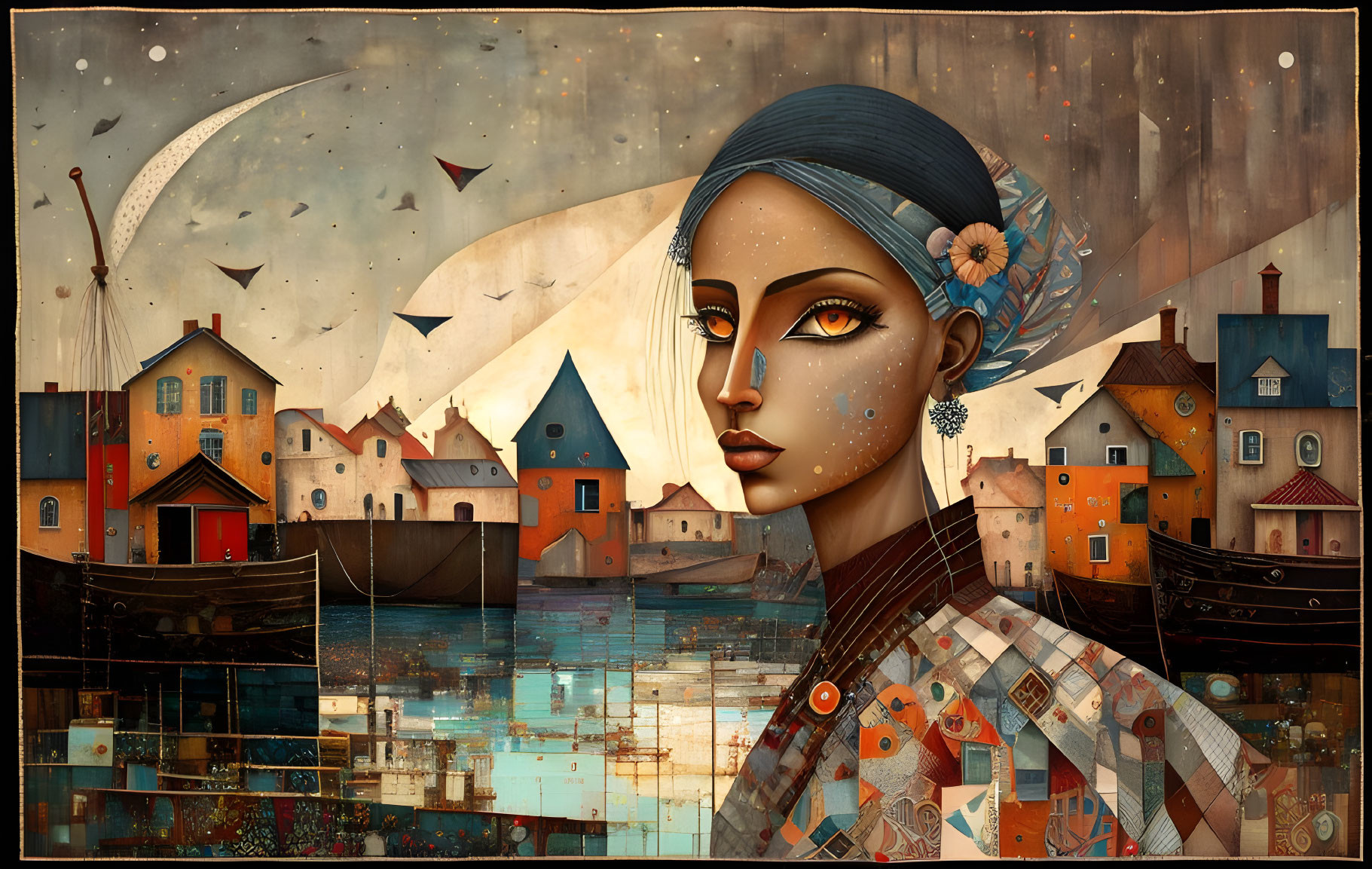 Surreal artwork: Woman's face overlaid on coastal town with stylized houses, boats,