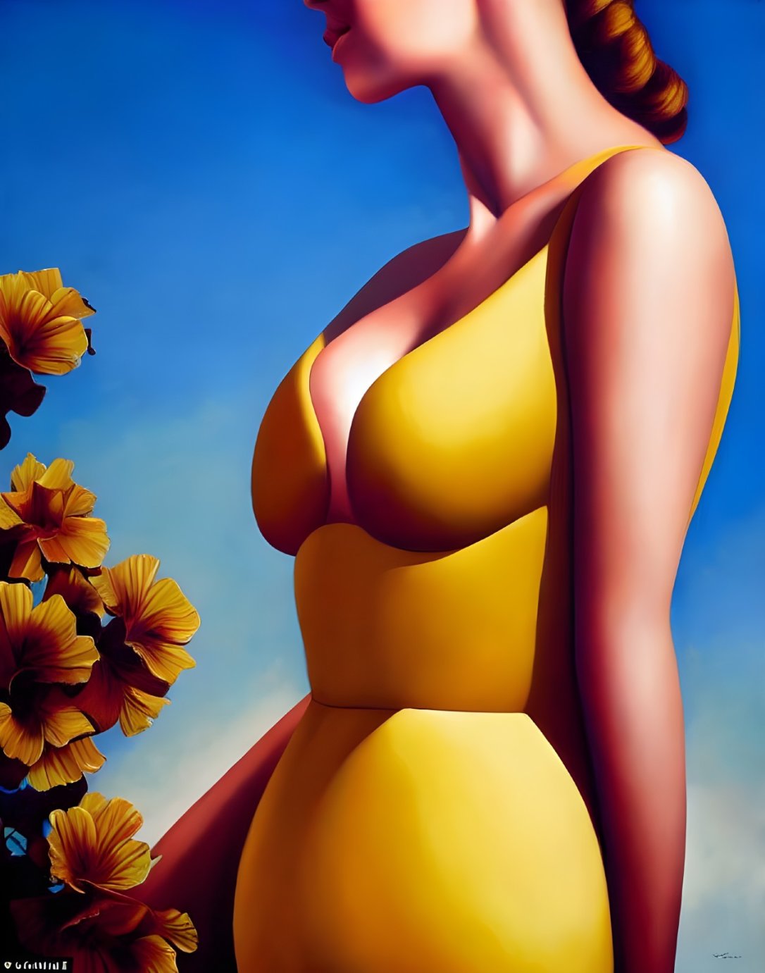 Woman in Yellow Dress Standing by Yellow Flowers on Blue Sky Background