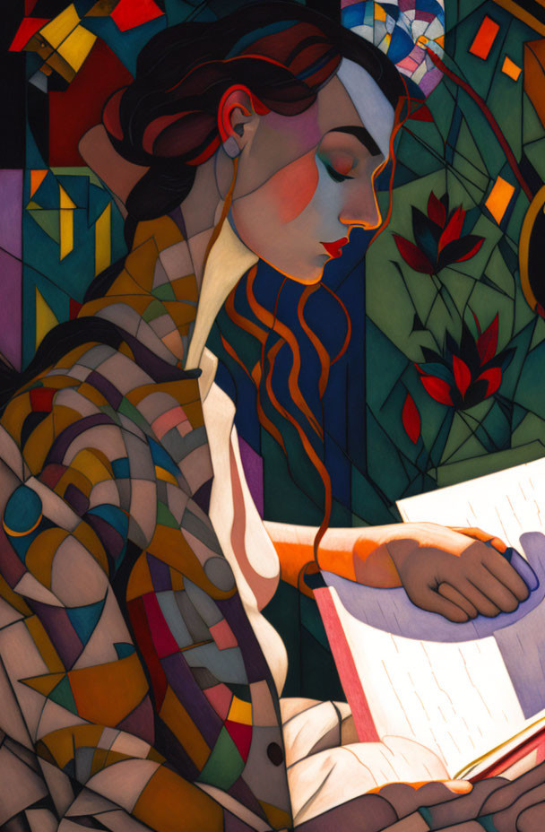 Vibrant Cubist-style Woman Reading Illustration in Red, Orange, and Purple