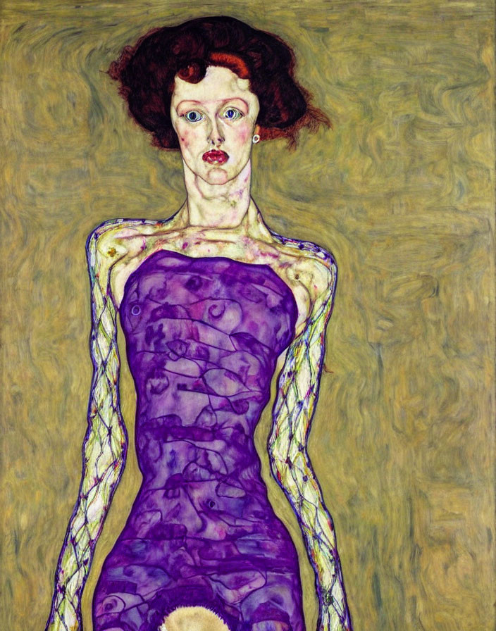 Abstract Expressionist Painting of Woman in Purple Dress