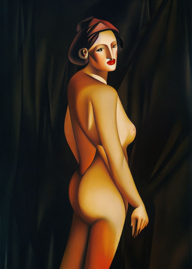 Stylized nude female figure with twist pose and hat on dark backdrop