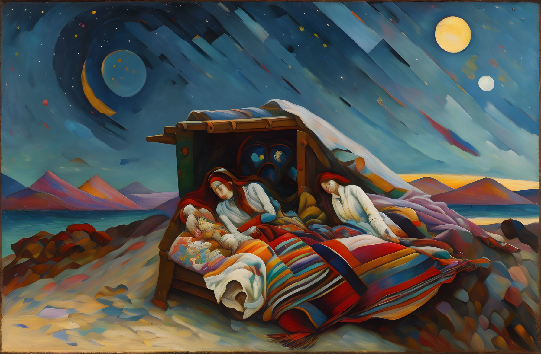 Surrealist painting of women, baby, starry sky, blankets & wooden cart