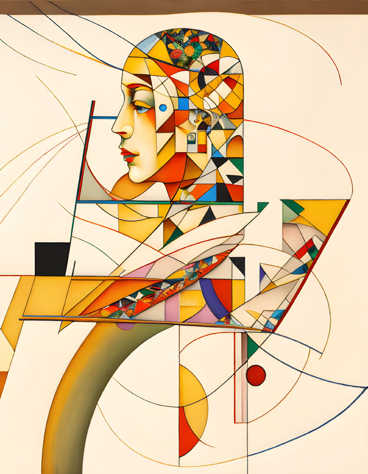 Vibrant abstract portrait with geometric shapes and sharp lines