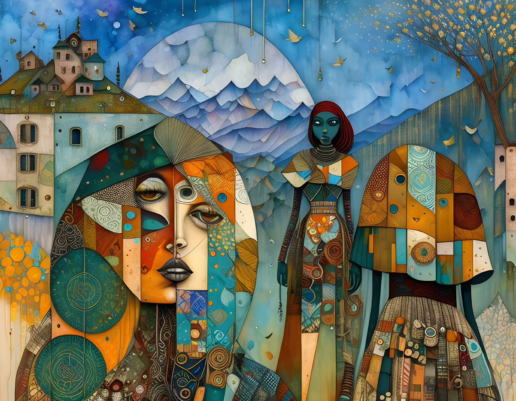 Surreal illustration of two stylized female figures in a fantastical town