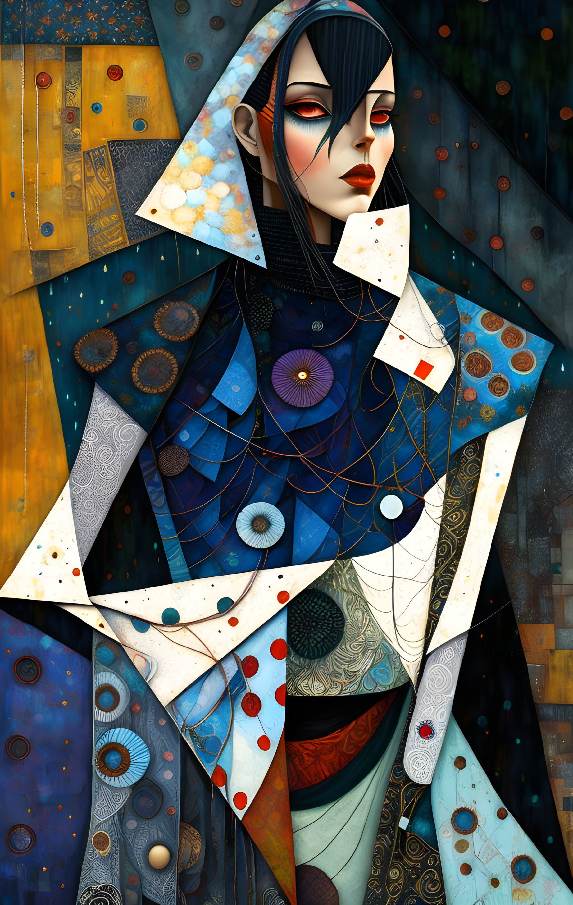 Geometric woman illustration with bold makeup and patchwork garment.