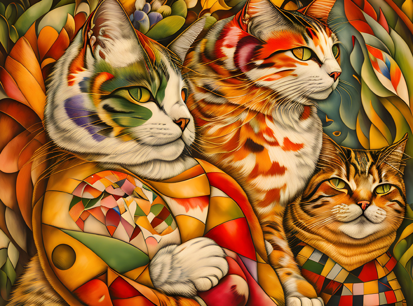 Colorful Patterned Cats with Stylized Leaves Background