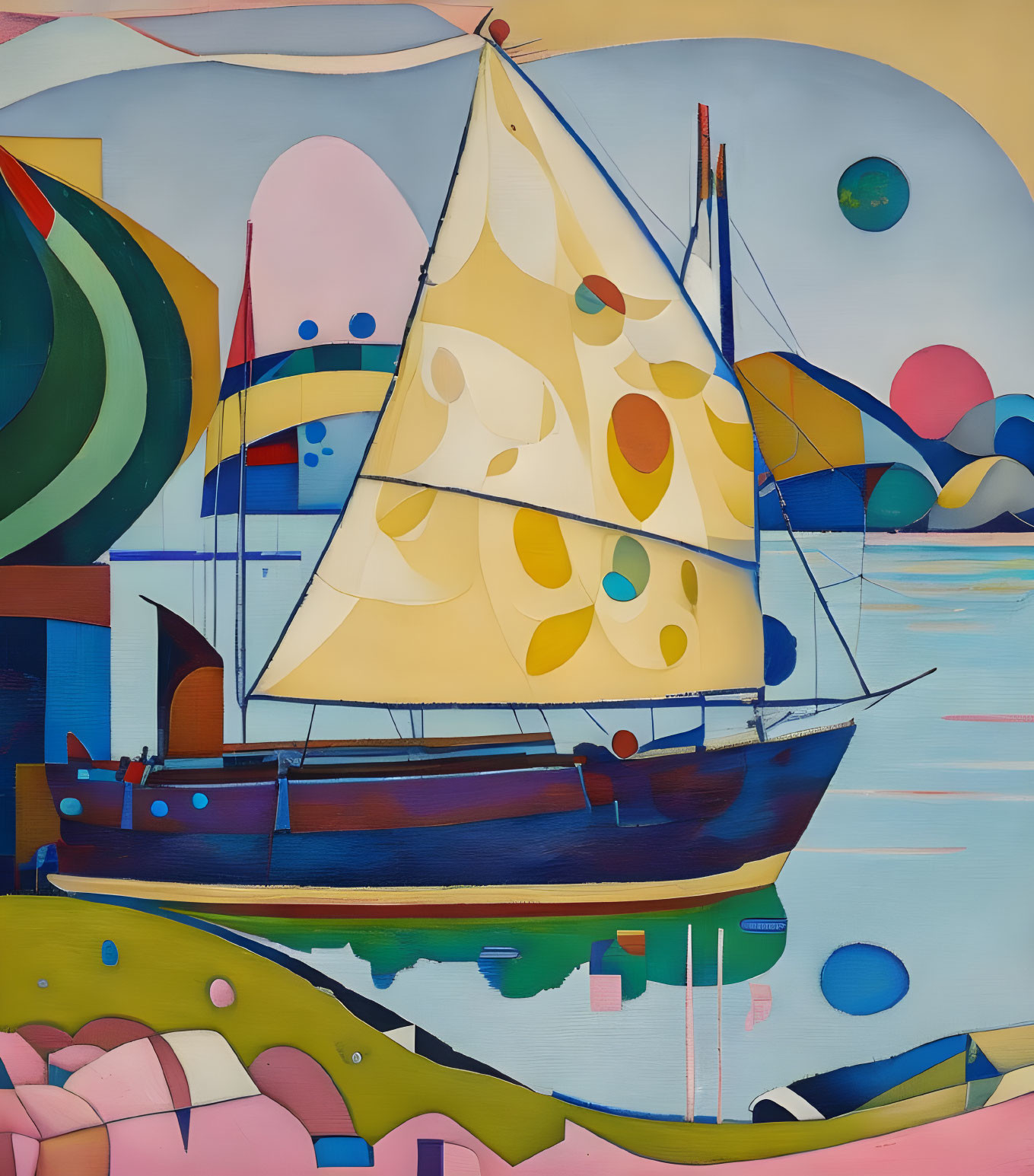 Vibrant sailboat painting with patterned sail on blue sea