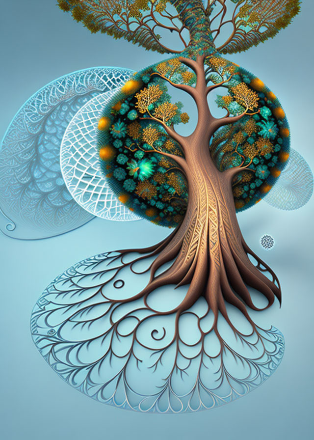 Stylized digital artwork of intricate tree fractals on blue background