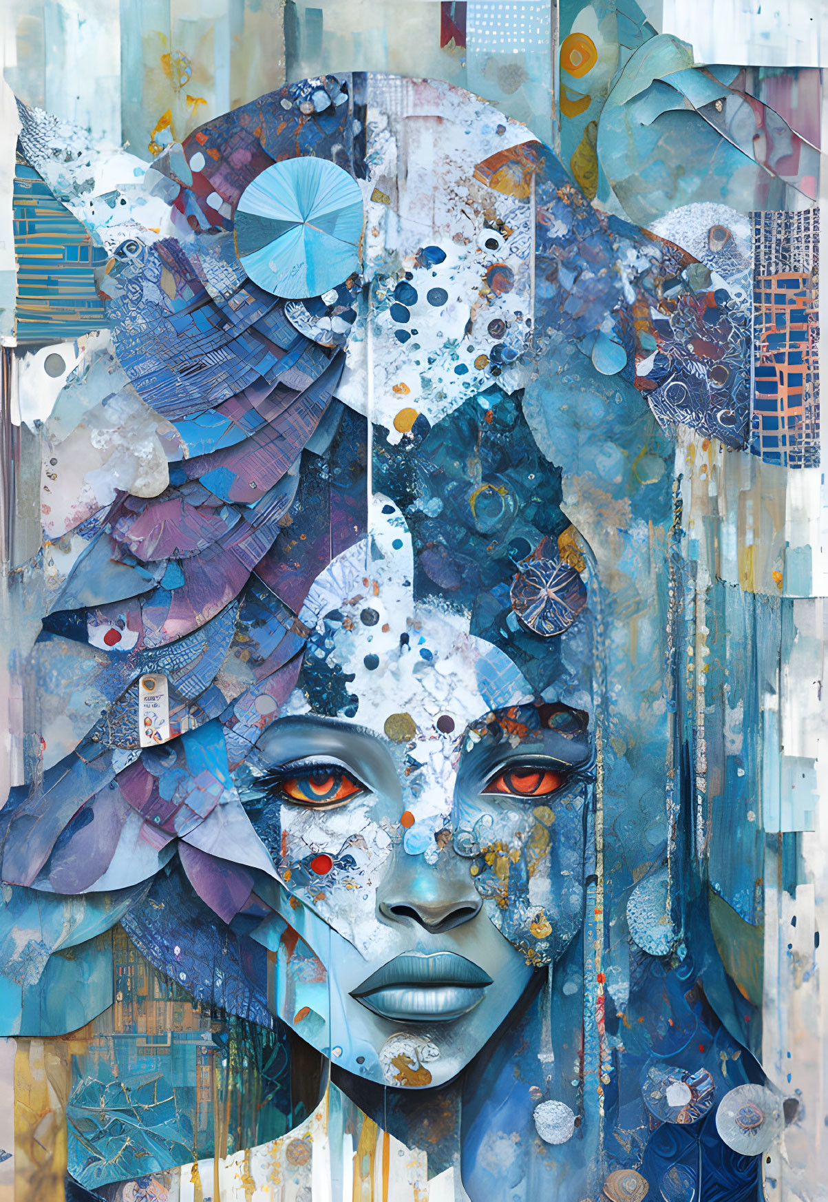 Collage of a Woman's Face with Vibrant Eyes in Blue Tones