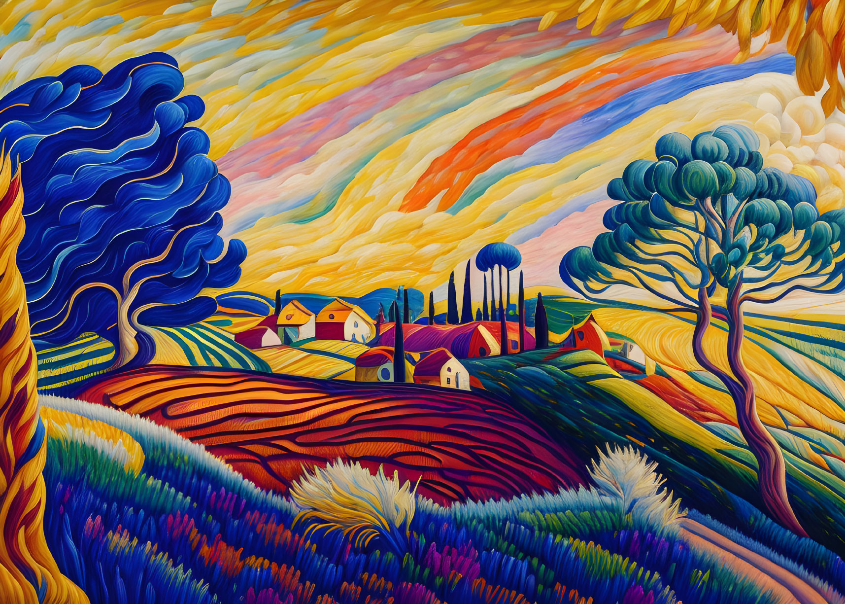 Colorful landscape painting with swirling patterns of fields, trees, and houses under a dynamic sky