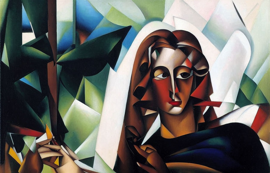 Cubist-style abstract painting of woman with fragmented facial features.