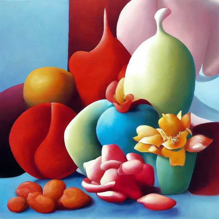 Vibrant still life painting with abstract shapes and flowers in warm and cool tones