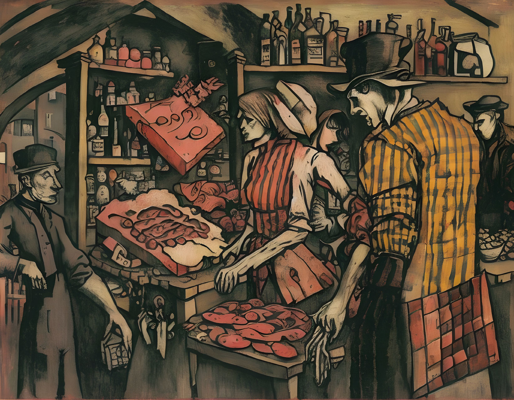 Illustration of bustling butcher's shop with workers in striped aprons serving meat to customers