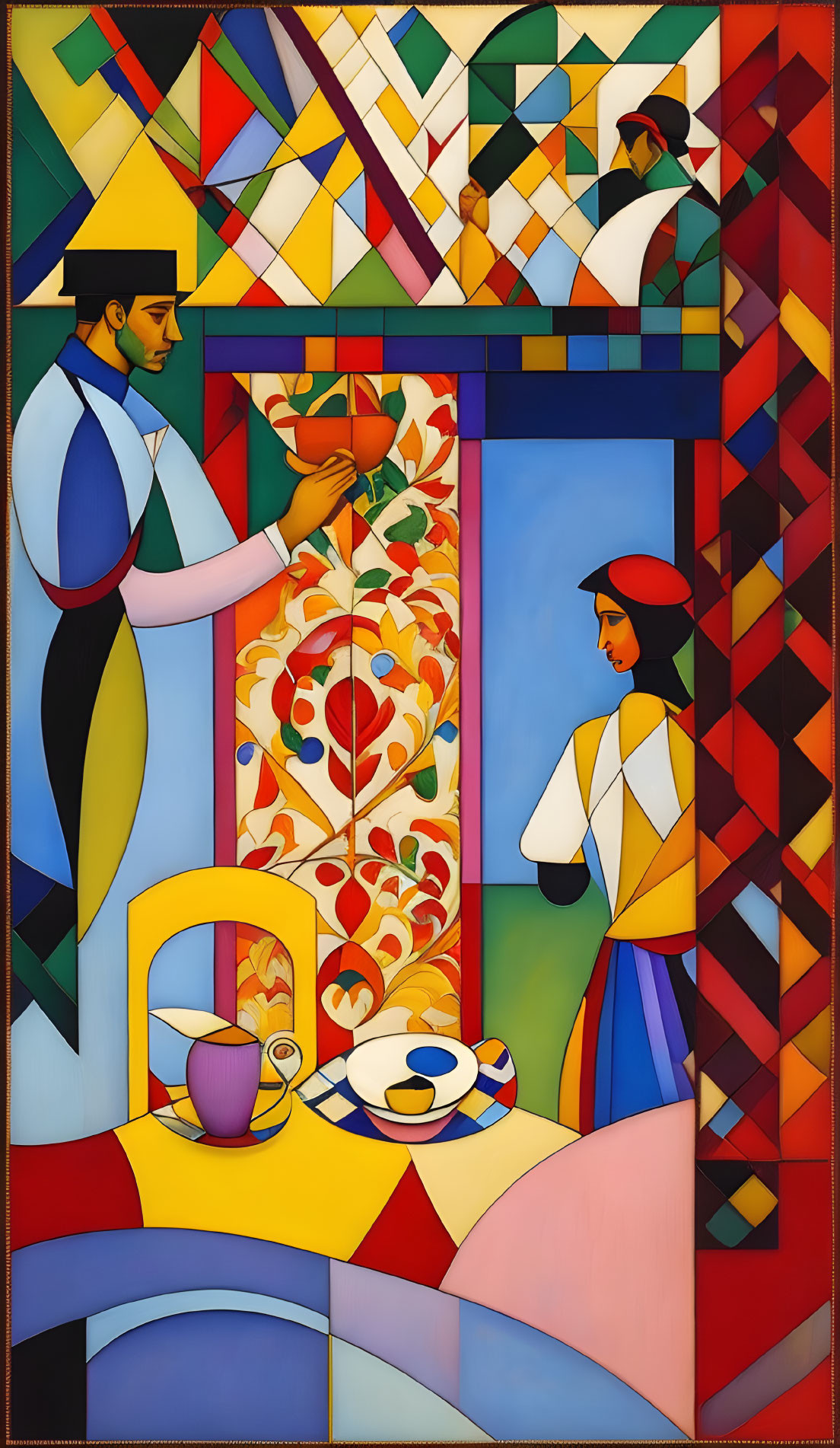 Vibrant geometric art of two figures in traditional attire with floral motifs and tea set
