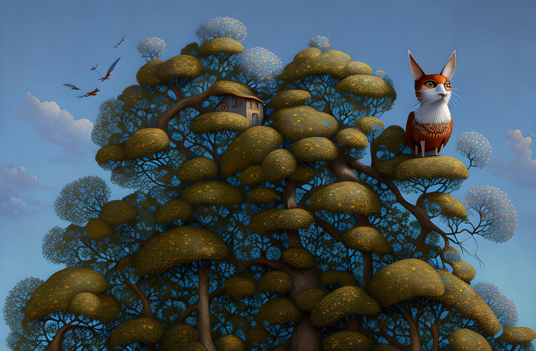 Illustration of oversized fox on whimsical tree with birdhouse and birds in flight