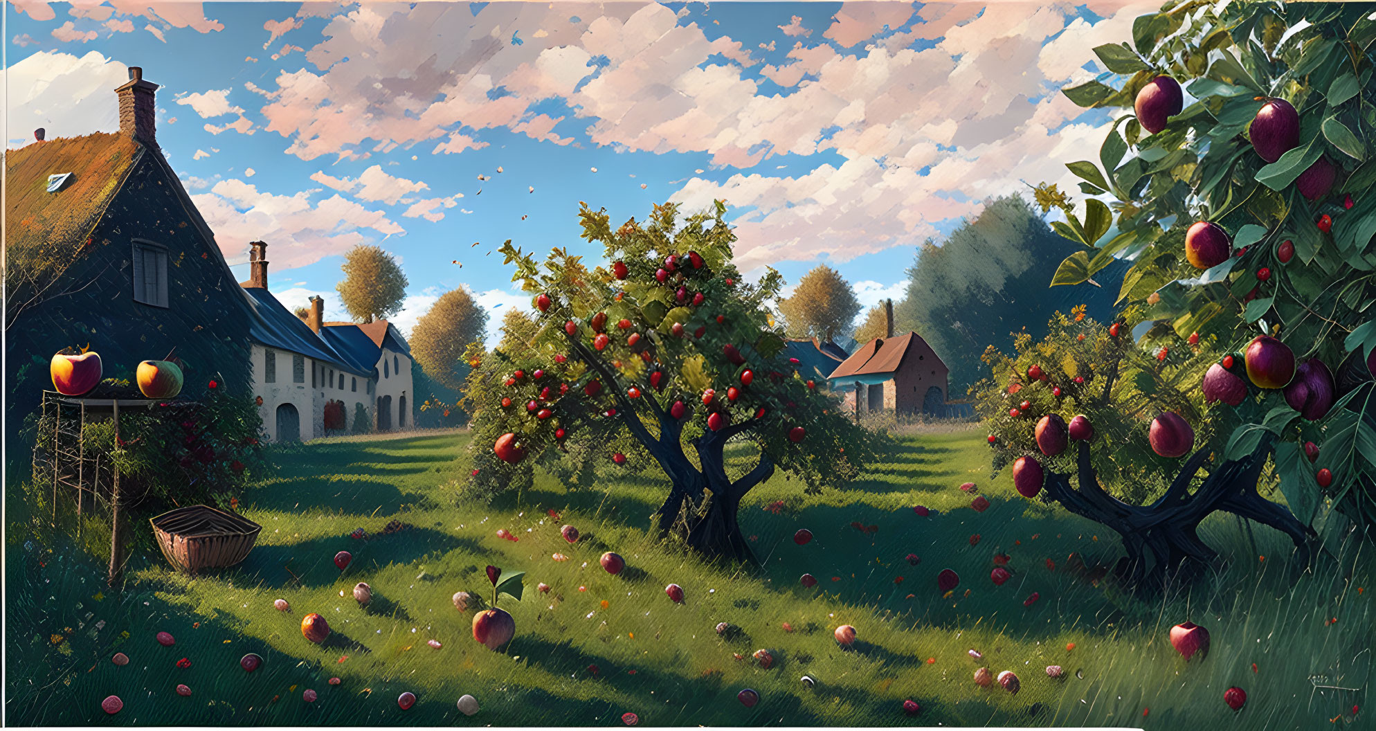 Rural scene with ripe apples, traditional houses, and lush grass