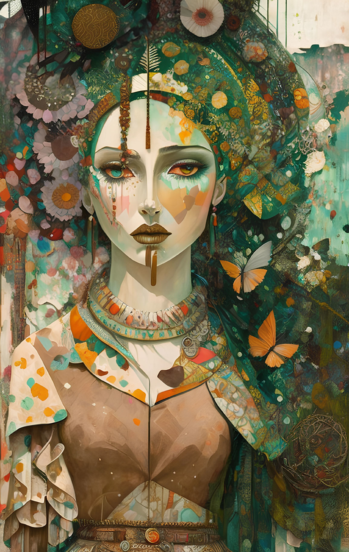 Colorful surreal portrait of a woman with ornate jewelry and floral motifs