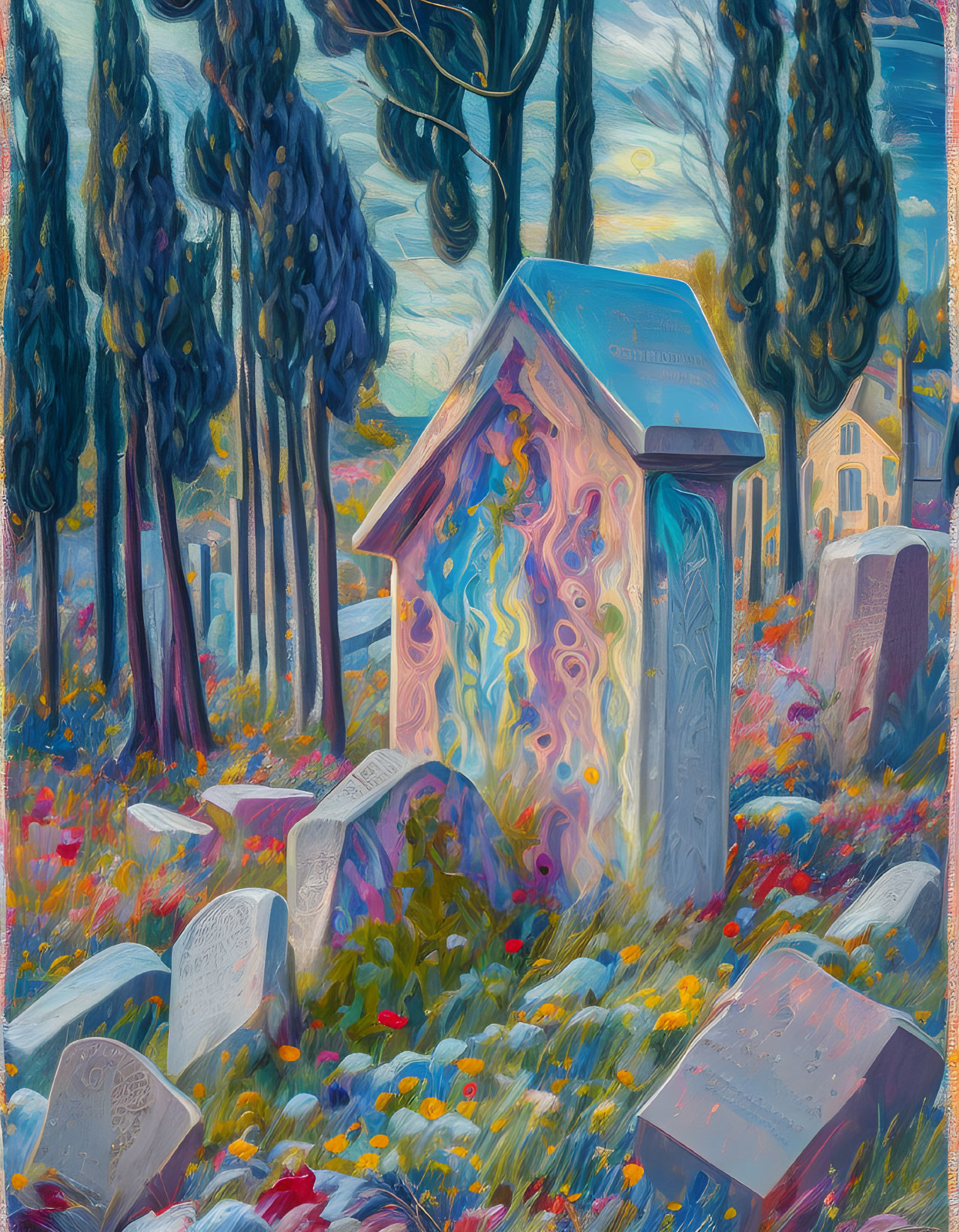 Vibrant painting: Whimsical cemetery scene with glowing blue shed, swirling sky, and trees