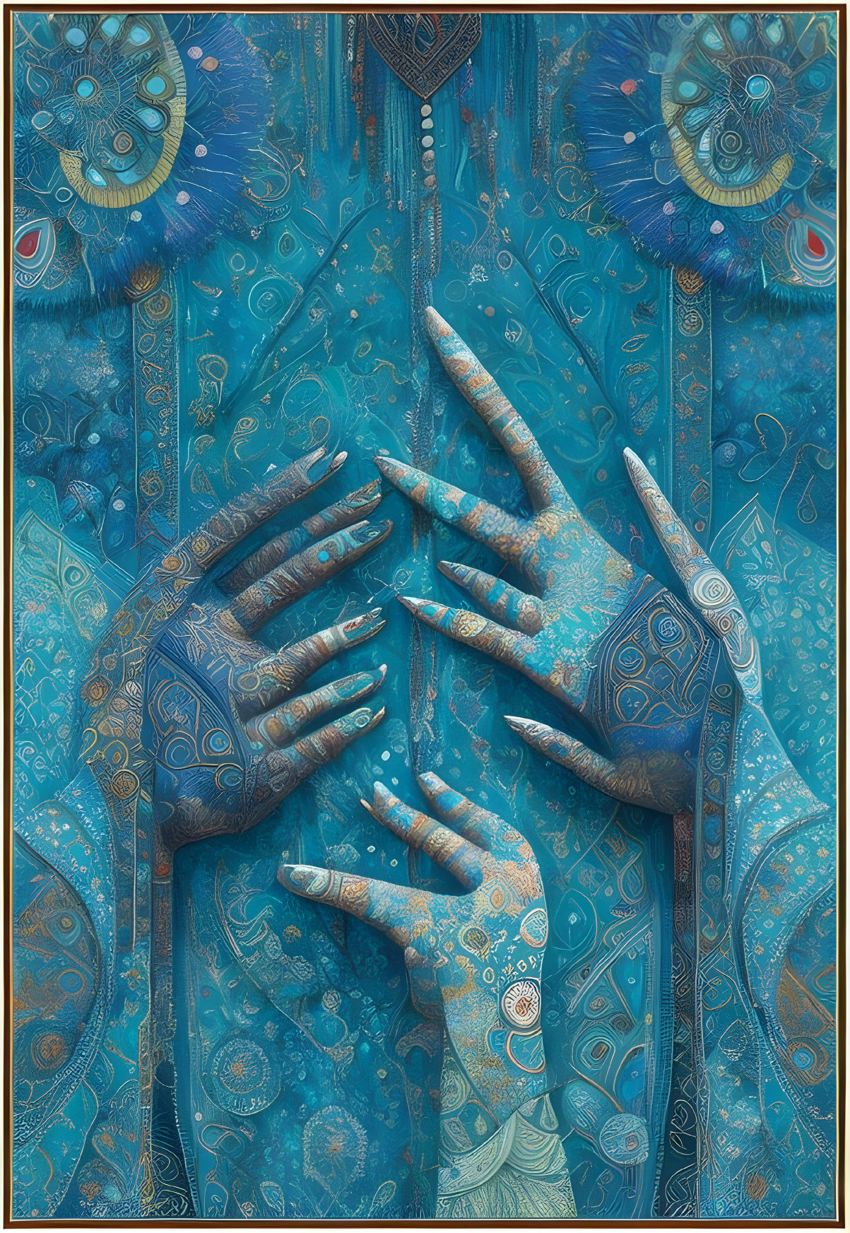 Intricate Blue-Toned Illustration of Four Hands Touching